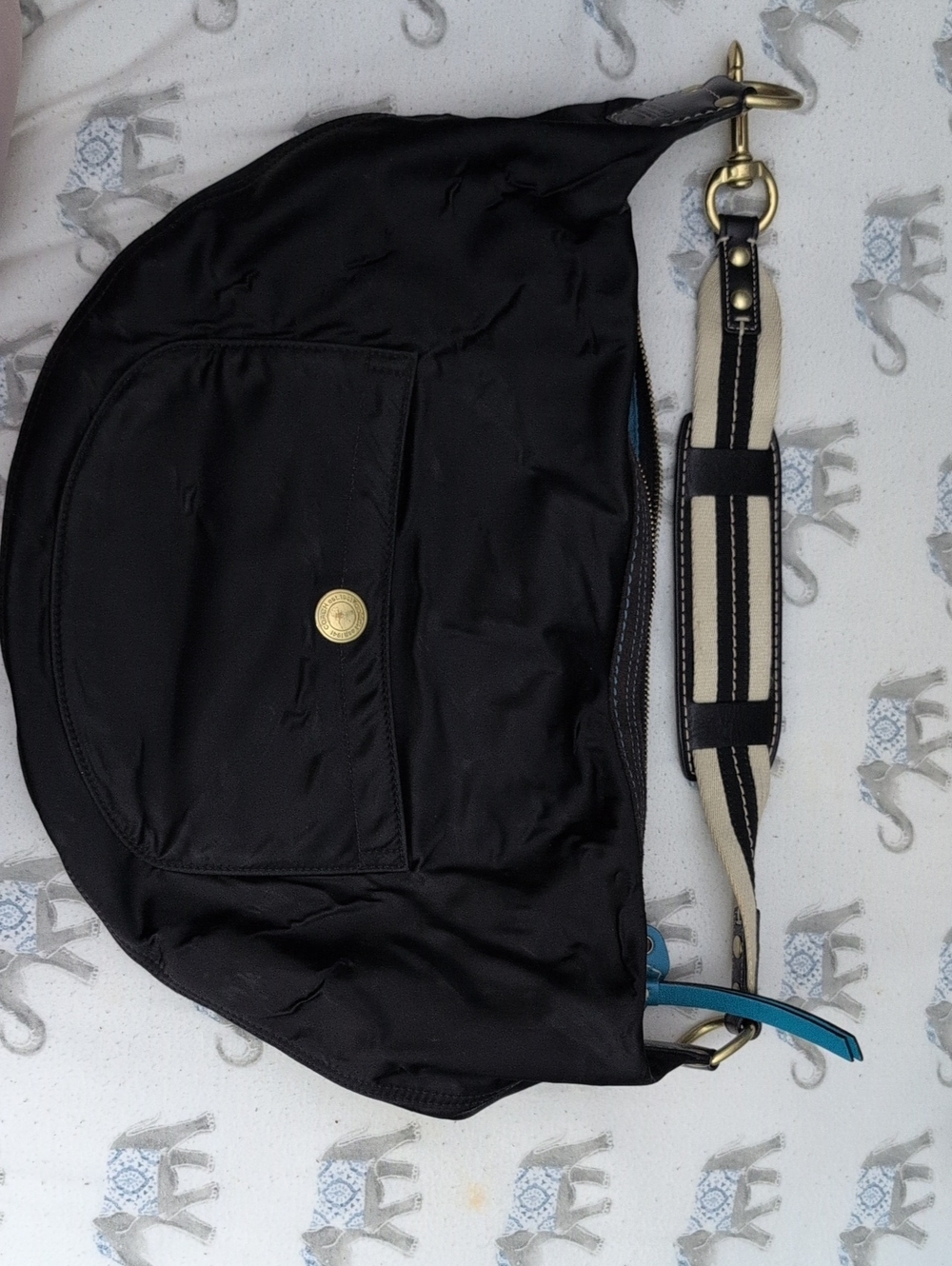 Vintage Coach Hampton HoboBlack Bag with Turquoise Leather Tag and Gold Hardware